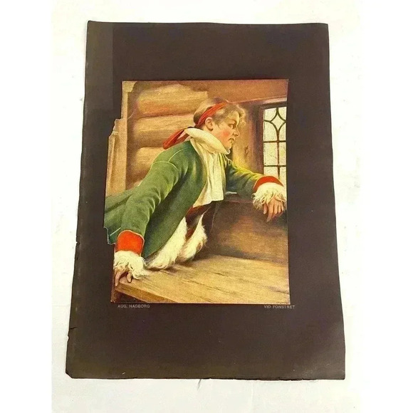 Antique August Hagborg Lithograph Print Swedish 15"x11" AT THE WINDOW - Picture 1 of 8